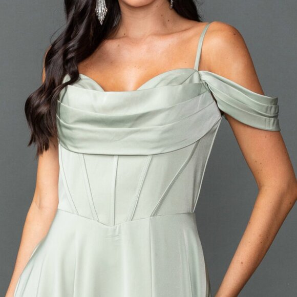 New Off the Shoulder Bridesmaid Chiffon Gown w/ Cowl Neck & Boned Bodice DQ 4539 - Picture 8 of 9